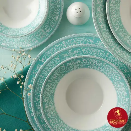 کیفیت سرویس چینی زرین 108 پارچه شهرزاد طرح ورونا فیروزه ای