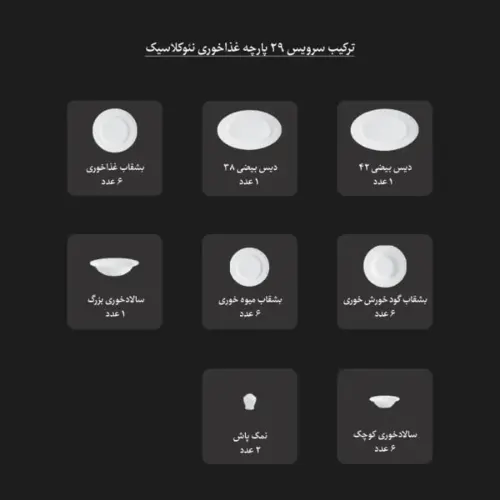 ترکیب سرویس 29 پارچه غذاخوری نئوکلاسیک چینی زرین