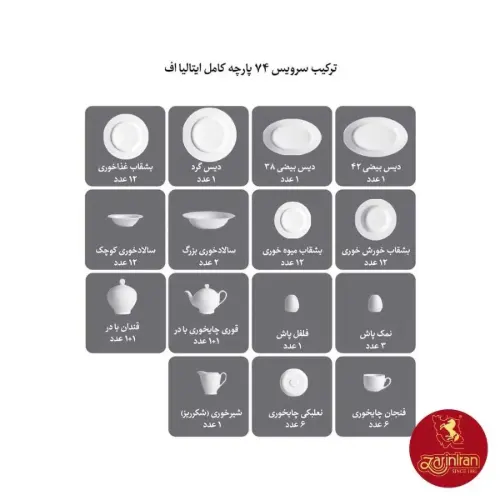 ترکیب سرویس چینی زرین برایدال 12 نفره