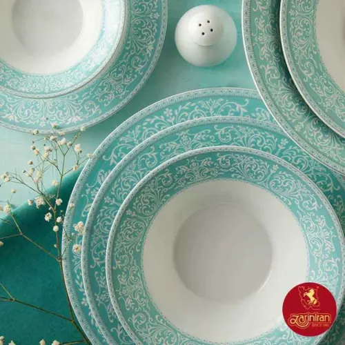 سرویس چینی زرین 108 پارچه شهرزاد طرح ورونا فیروزه ای