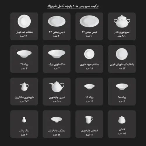 اقلام سرویس 108 پارچه شهرزاد چینی زرین