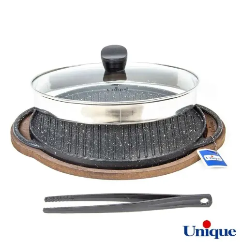 تابه گریل چدنی یونیک بیضی 34 سانتیمتری (سینی چوبی) UN-6019
