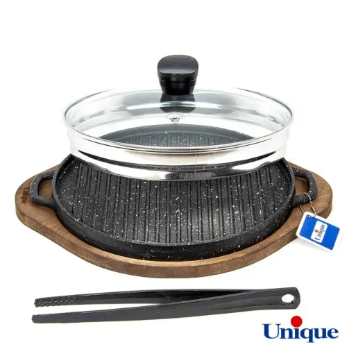 تابه گریل چدنی یونیک درب دار با زیره چوبی UN-6001