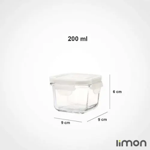 ظرف شیشه ای مربع دربدار 200 میلی لیتری لیمون