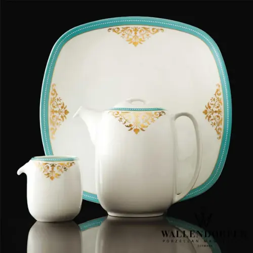 قوری سرویس چینی والندورفر Wallendorfer کواترو طرح آرمیتاژ فیروزه ای 12 نفره