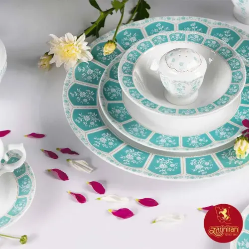 سرویس چینی زرین نئوکلاسیک طرح آرتمیس فیروزه ای 12 نفره