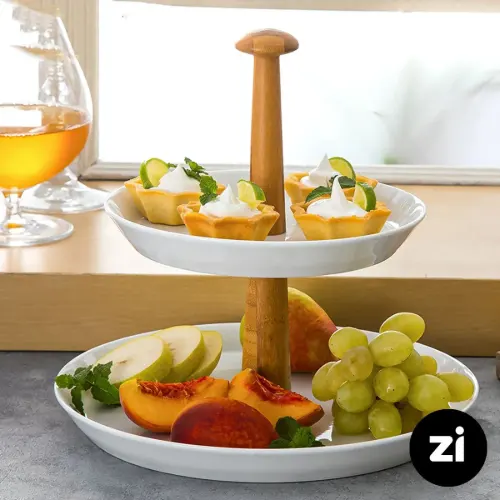قیمت ظرف پذیرایی دو طبقه چینی زرین (Zi) سفید با پایه چوبی