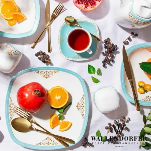 چیدمان سرویس چینی والندورفر Wallendorfer کواترو طرح آرمیتاژ فیروزه ای 12 نفره