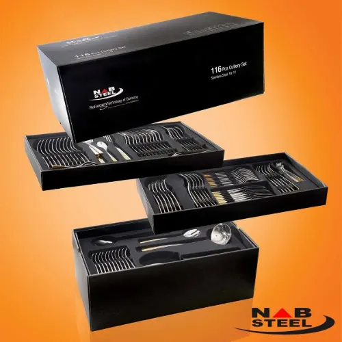جعبه چوبی سرویس 116 پارچه ناب استیل مدل پالرمو دورطلایی جعبه کادویی