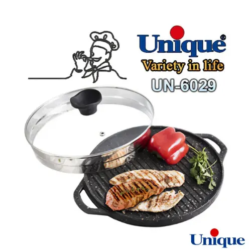 تابه گریل چدنی یونیک گرد 34 سانتیمتری با انبر و سینی چوبی UN-6029