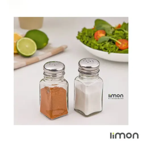 نمک پاش چهارگوش شیشه ای دو عددی درب استیل لیمون