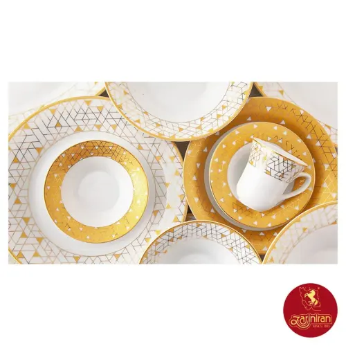 جزییات سرویس چینی زرین شهرزاد طرح ژئومتریکال طلایی12 نفره 108 پارچه