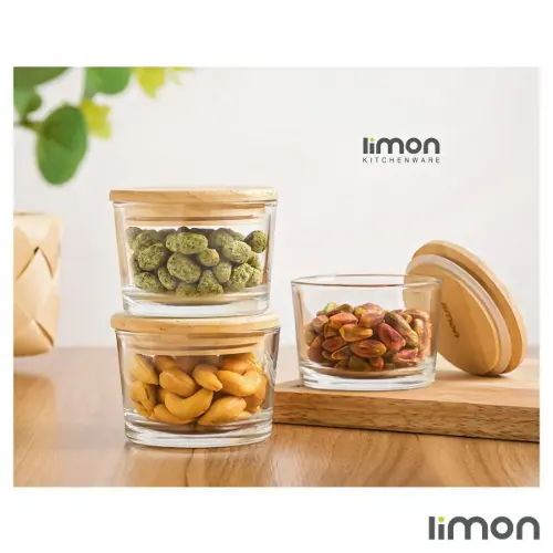ظرف شیشه ای دربدار کادویی درب چوبی لیمون برای مصارف خانگی