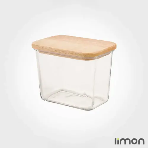 ظرف شیشه ای 920 میلی لیتر درب چوبی لیمون کد 2188