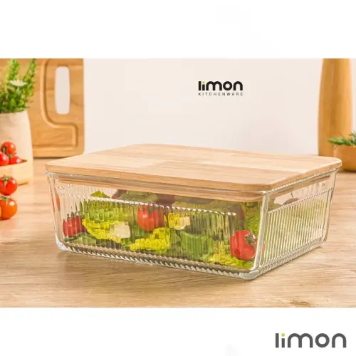 ظرف شیشه ای شیاردار 2.250 لیتر درب چوبی لیمون 2192