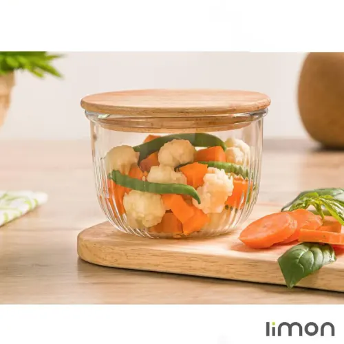 کاسه گرد شیشه ای لیمون 470 میلی لیتر درب چوبی 2175