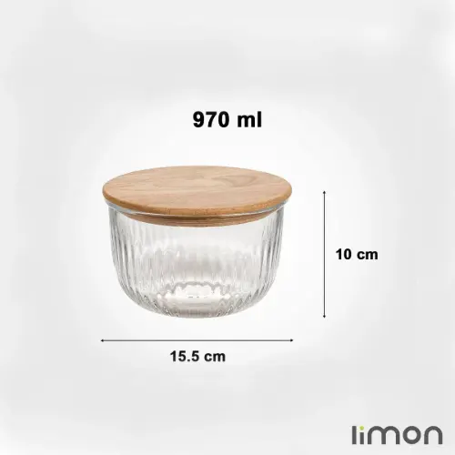 کاسه گرد شیشه ای لیمون 970 میلی لیتر درب چوبی 2176