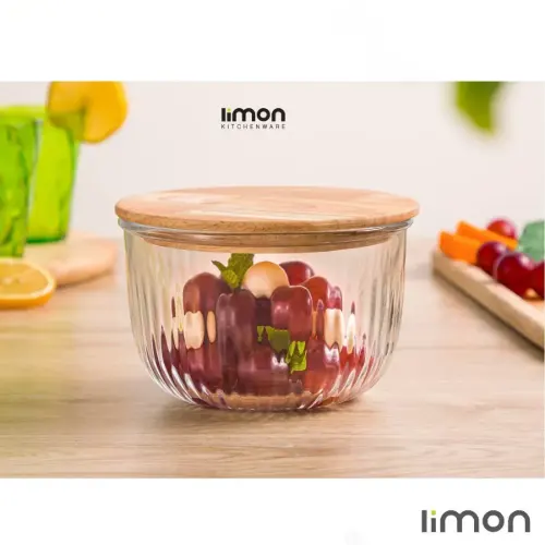 کاسه گرد شیشه ای لیمون 970 میلی لیتر درب چوبی 2176