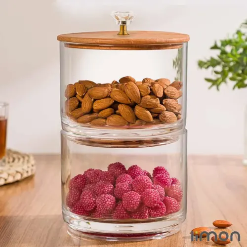 ظرف شیشه ای لیمون 2 طبقه درب چوبی مناسب پذیرایی