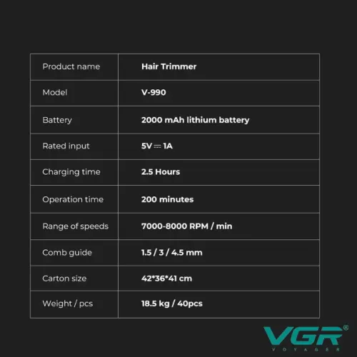 جدول مشخصات خط زن شارژی VGR-990