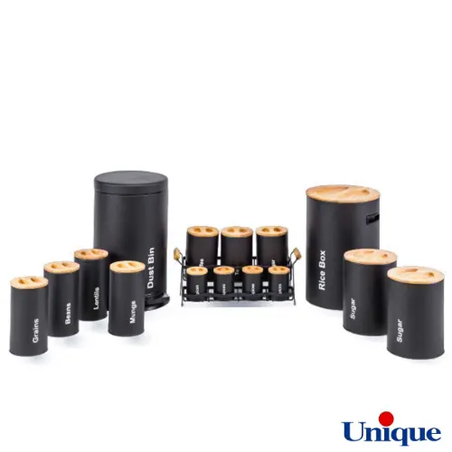 سرویس آشپزخانه یونیک 16 پارچه UN-8044 مشکی با درب بامبو