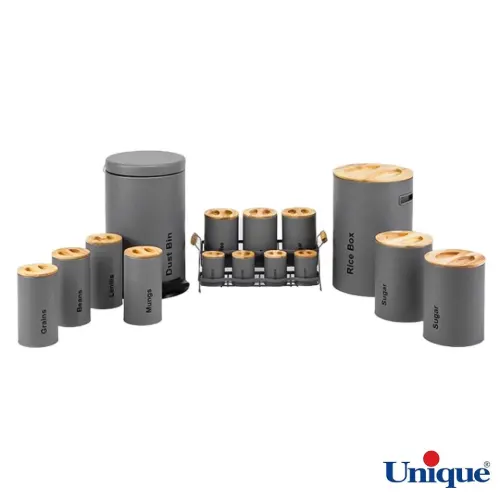 سرویس آشپزخانه یونیک 16 پارچه UN-8052 فیلی(طوسی) با درب بامبو