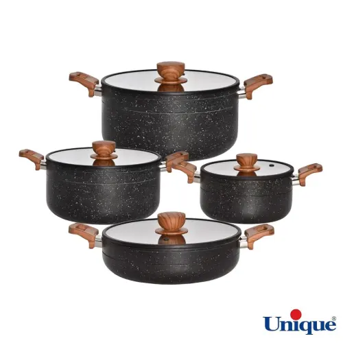 سرویس قابلمه 8 پارچه یونیک مدل رویال مشکی کف گرانیت درب سیلیکون دسته چوبی UN-8184