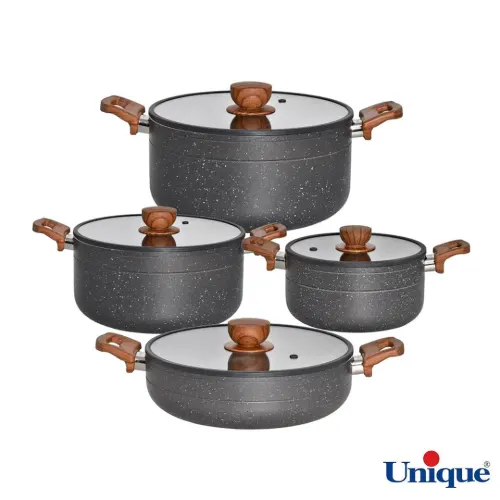 سرویس قابلمه 8 پارچه یونیک مدل رویال طوسی کف گرانیت درب سیلیکون دسته چوبی UN-8186