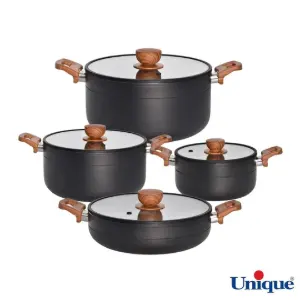 سرویس قابلمه 8 پارچه یونیک مدل رویال مشکی درب سیلیکون دسته چوبی UN-8188