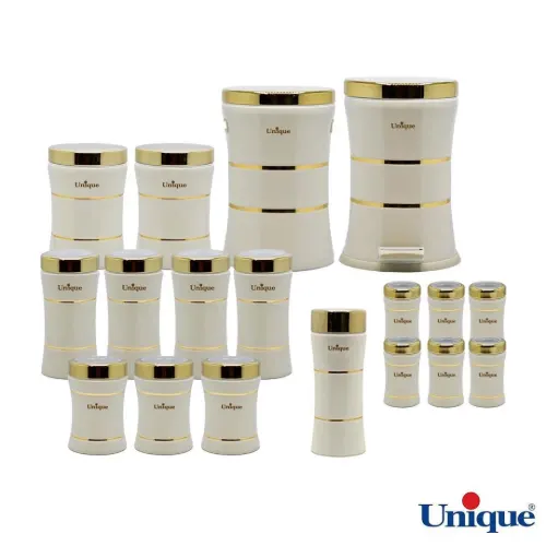 سرویس آشپزخانه 18 پارچه یونیک کمرباریک خطی کرم طلایی UN-4599