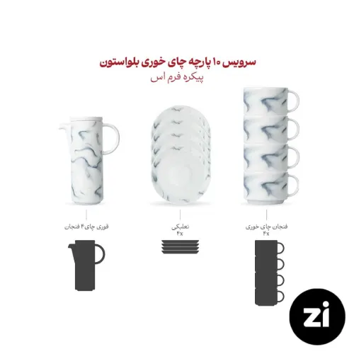 ترکیب سرویس چای خوری 10 پارچه بلواستون فرم اس مارک زی