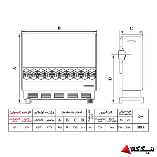 مشخصات بخاری گازی نیک کالا مدل ایده آل MN9