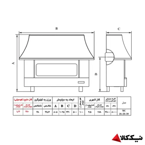 قیمت بخاری گازی شومینه ای نیک کالا مدل سیمین MC26