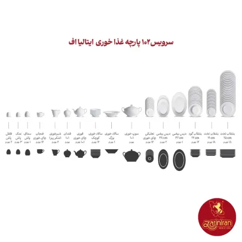ترکیب سرویس چینی زرین ایتالیا اف 12 نفره 102 پارچه